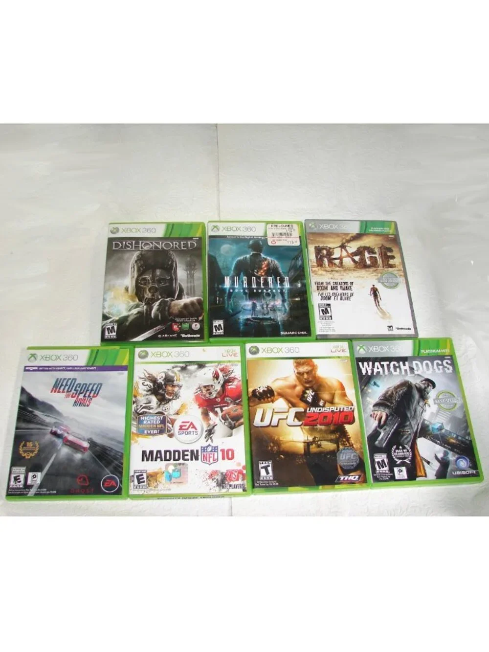 Xbox 360 7 Game Lot: DISHONORED, MURDERED, RAGE, NEED SPEED, MADDEN 10, UFC 10 +